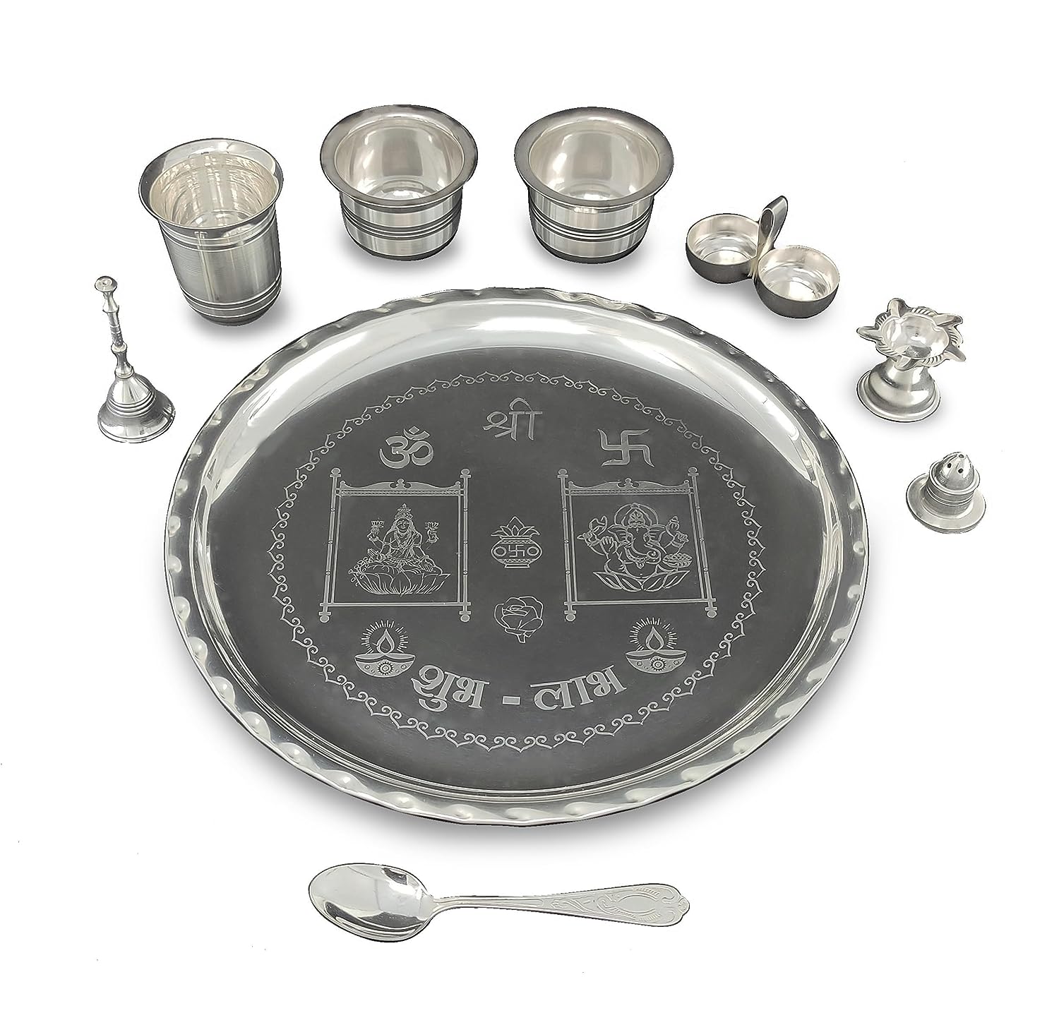 BENGALEN 12 Inch Silver Plated Pooja Thali Set with Accessories Daily Puja Decorative Gifts for Home Office Mandir Diwali Wedding Return Gift Items