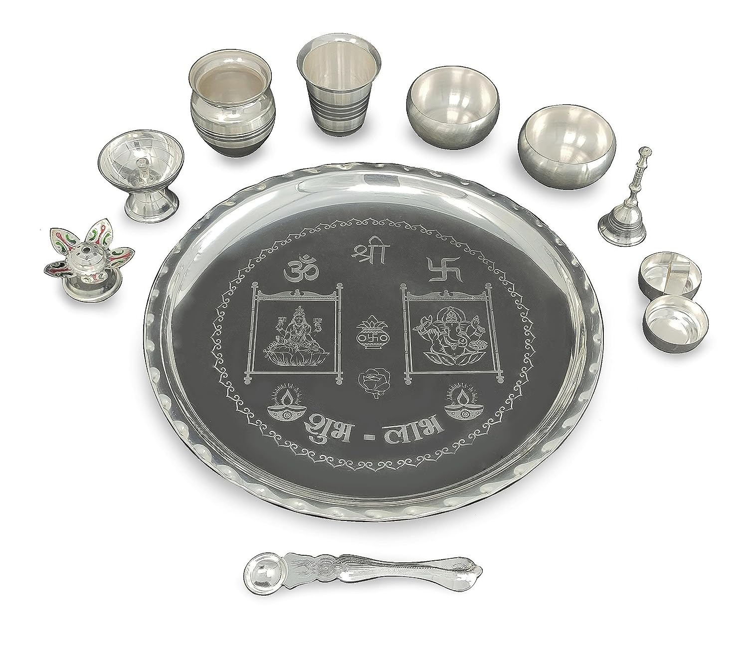 BENGALEN 12 Inch Silver Plated Pooja Thali Set with Accessories Daily Puja Decorative Gifts for Home Office Mandir Diwali Wedding Return Gift Items