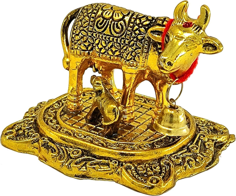 BENGALEN Small Kamdhenu Cow with Calf Gold Plated Statue Decorative Diwali Gift Items Showpiece for Home Office Decoration Item Family Friends Relative Return Gifts