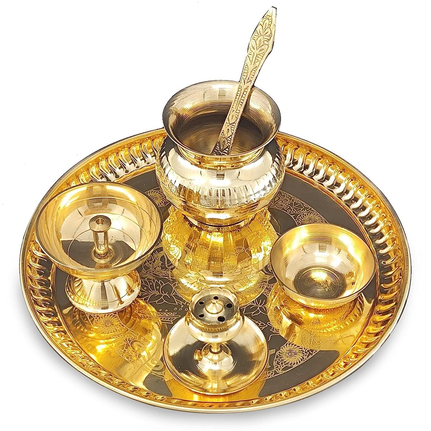 BENGALEN Brass Pooja Thali Set 8 Inch with Pital Plate Kalash Piyali Diya Dhup Dan Spoon Bowl Puja Thali for Diwali Home Office Mandir Wedding Return Gift Items