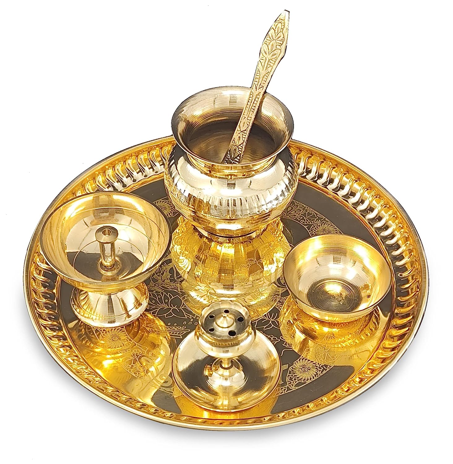 BENGALEN Brass Pooja Thali Set 8 Inch with Pital Plate Kalash Piyali Diya Dhup Dan Spoon Bowl Puja Thali for Diwali Home Office Mandir Wedding Return Gift Items
