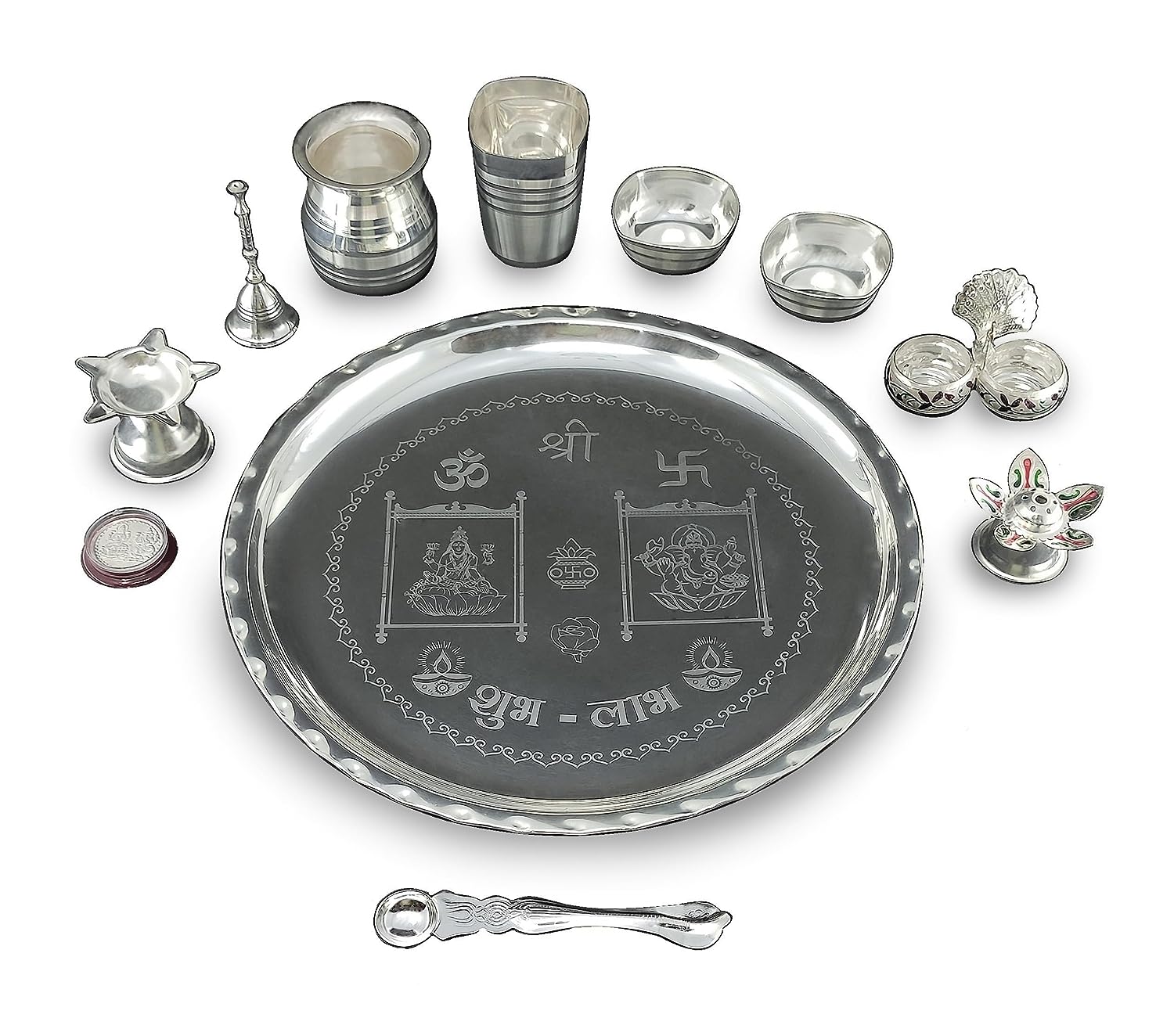 BENGALEN 12 Inch Silver Plated Pooja Thali Set with Accessories Daily Puja Decorative Gifts for Home Office Mandir Diwali Wedding Return Gift Items