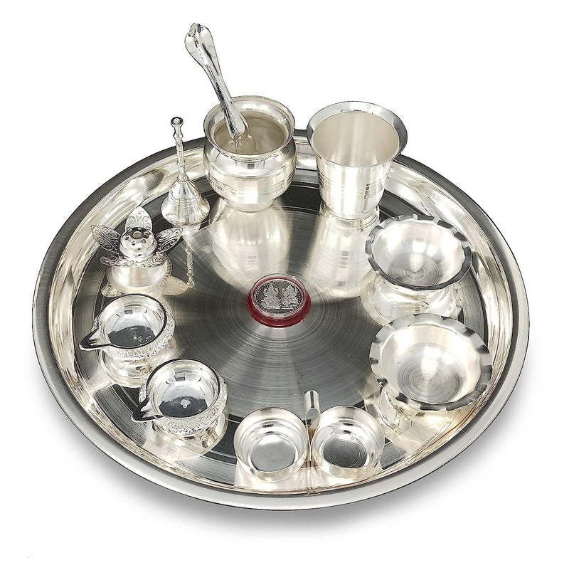 BENGALEN Silver Plated Pooja Thali Set 12 Inch with Accessories Puja Decorative Gifts for Daily Home Office Diwali Mandir Wedding Return Gift Items