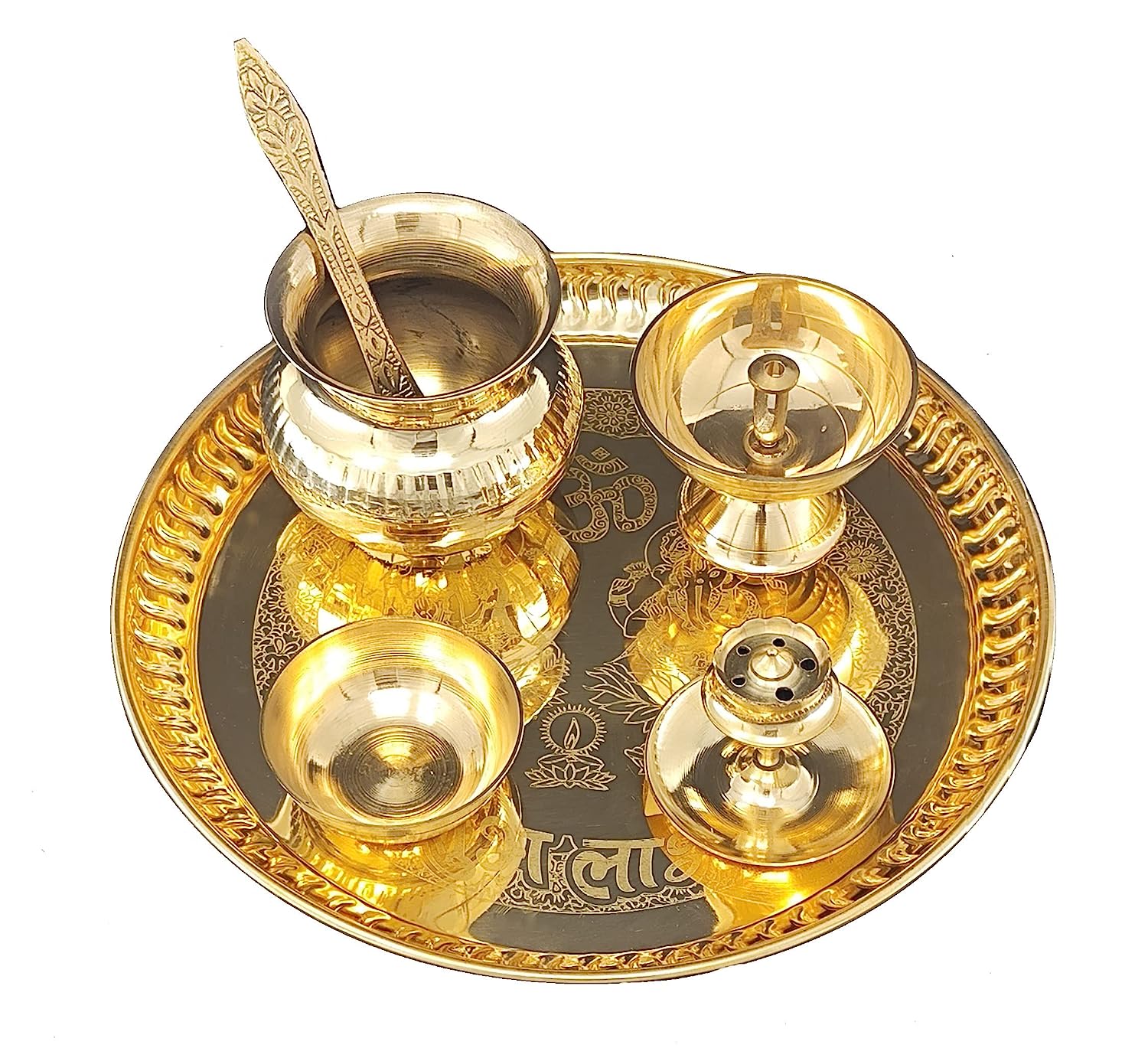 BENGALEN Brass Pooja Thali Set 8 Inch with Pital Plate Kalash Piyali Diya Dhup Dan Spoon Bowl Puja Thali for Diwali Home Office Mandir Wedding Return Gift Items