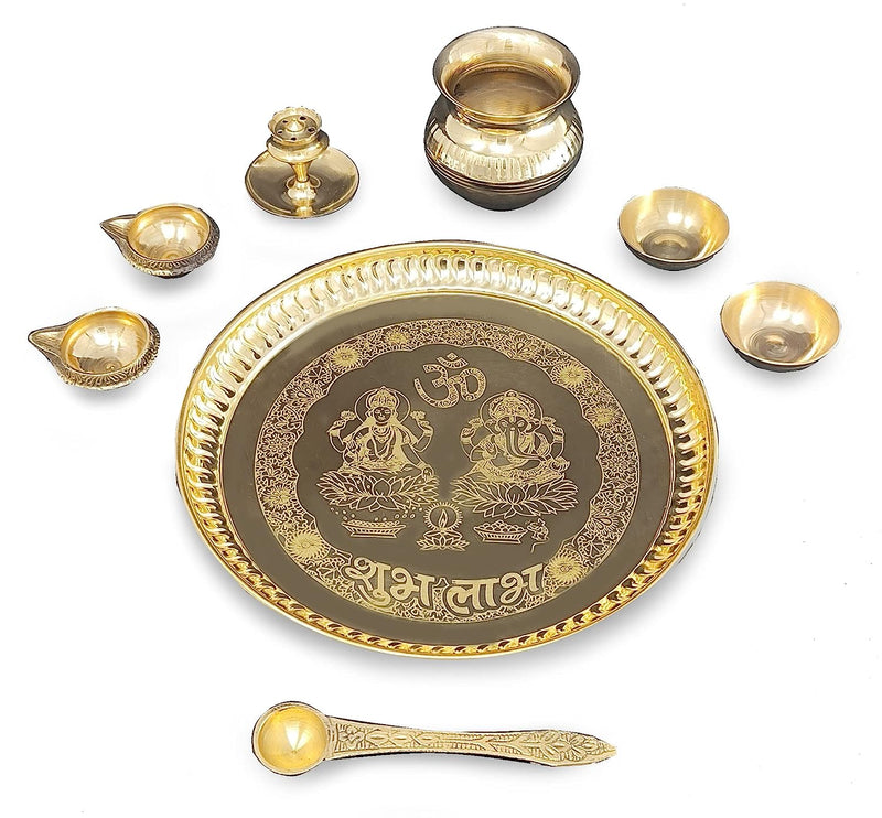 BENGALEN Brass Pooja Thali Set 8 Inch with Pital Plate Kalash Spoon Kuber Diya Bowls Dhub Dan Puja Thali for Diwali Home Office Mandir Wedding Return Gift Items