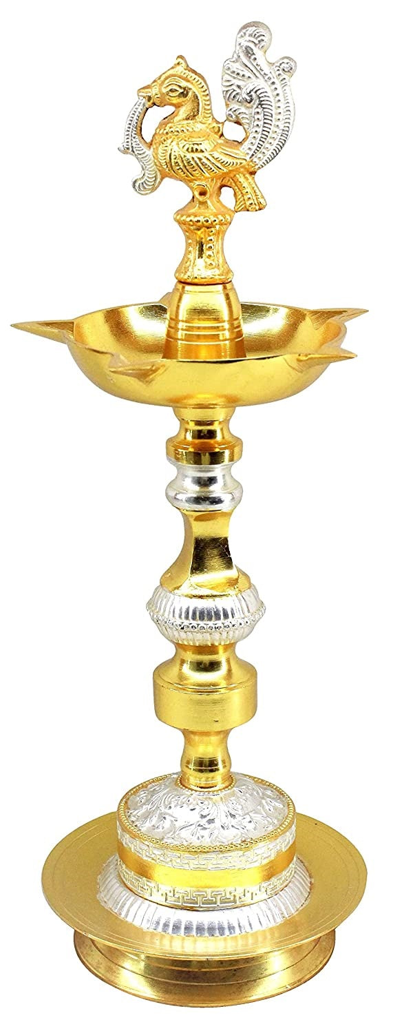 BENGALEN Diya 13 Inch Gold and Silver Plated Peacock Design Kerala Deepak