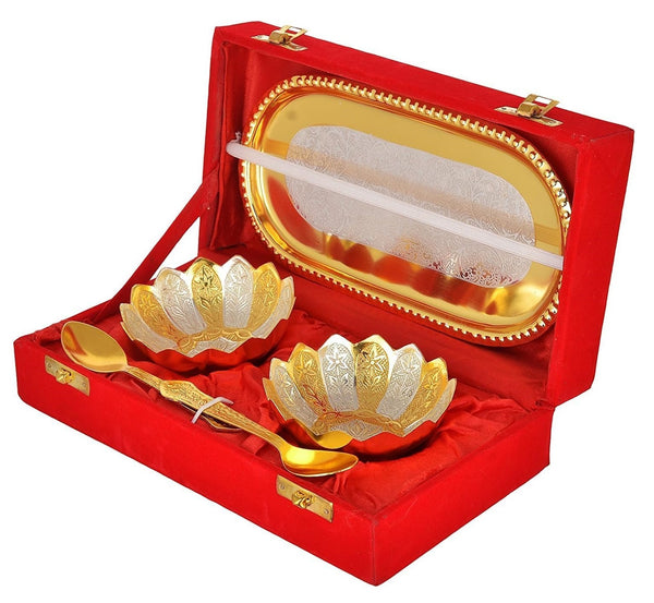 Bengalen Silver and Gold Plated Floral Bowl, Spoon with Tray for Home Decorative Gift Items