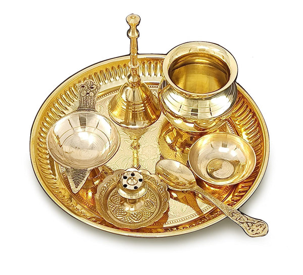 BENGALEN Brass Pooja Thali Set 6 Inch Puja Thali with Pital Plate Kalash Spoon Chandan Wati Dhup Dan Diya Ghanti Arti Thali for Diwali Home Office Mandir Wedding Return Gift Items