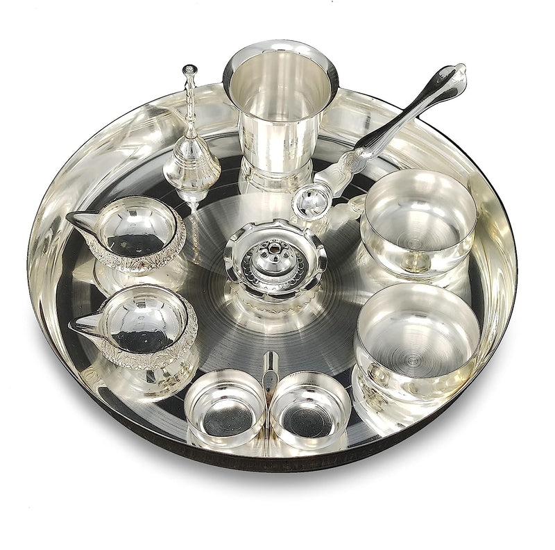 BENGALEN Silver Plated Pooja Thali Set 10 Inch with Accessories Daily Puja Decorative Item for Home Mandir Office Diwali Wedding Return Gift Items