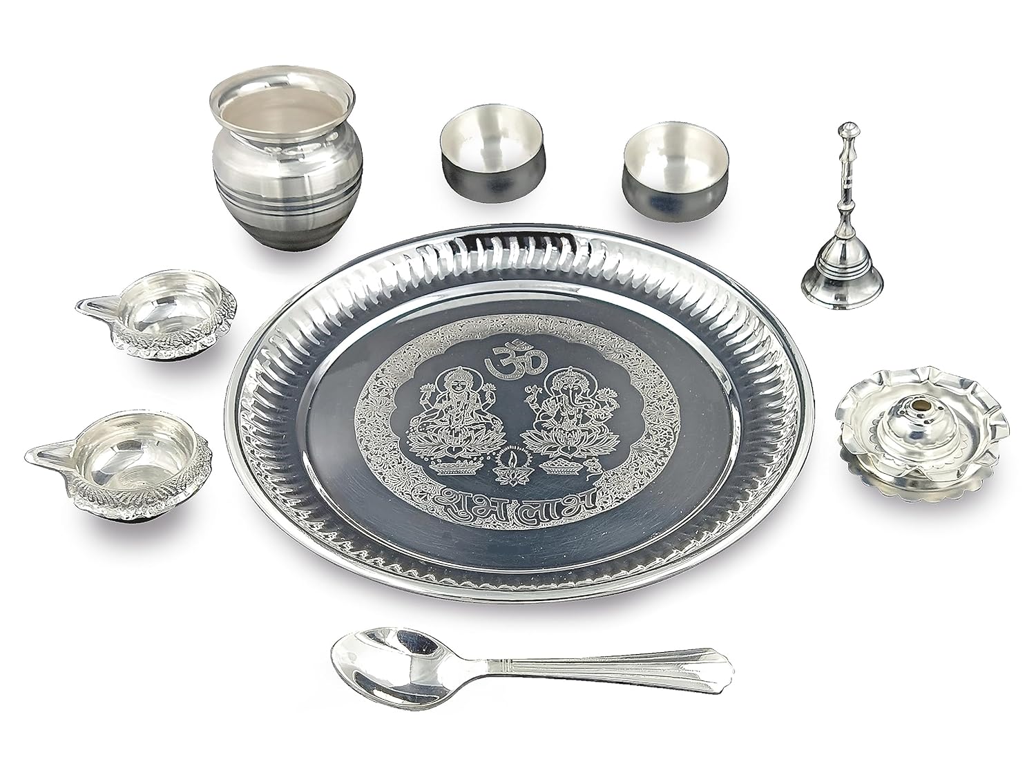 Bengalen Premium Ganesh Lakshmi Design Silver Plated Pooja Thali Set 08 Inch with for for Festival Ethnic Puja Thali