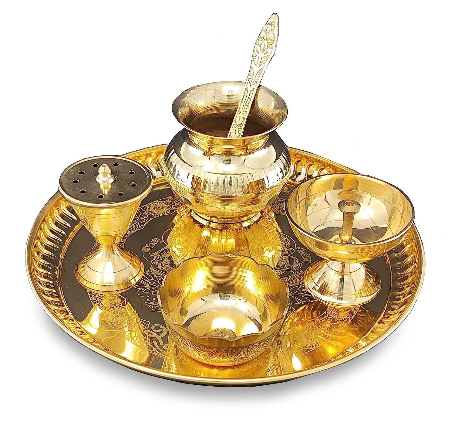 BENGALEN Brass Pooja Thali Set 8 Inch with Pital Plate Kalash Bowl Spoon Damru Agardan Puja Thali for Diwali Home Office Mandir Wedding Return Gift Items