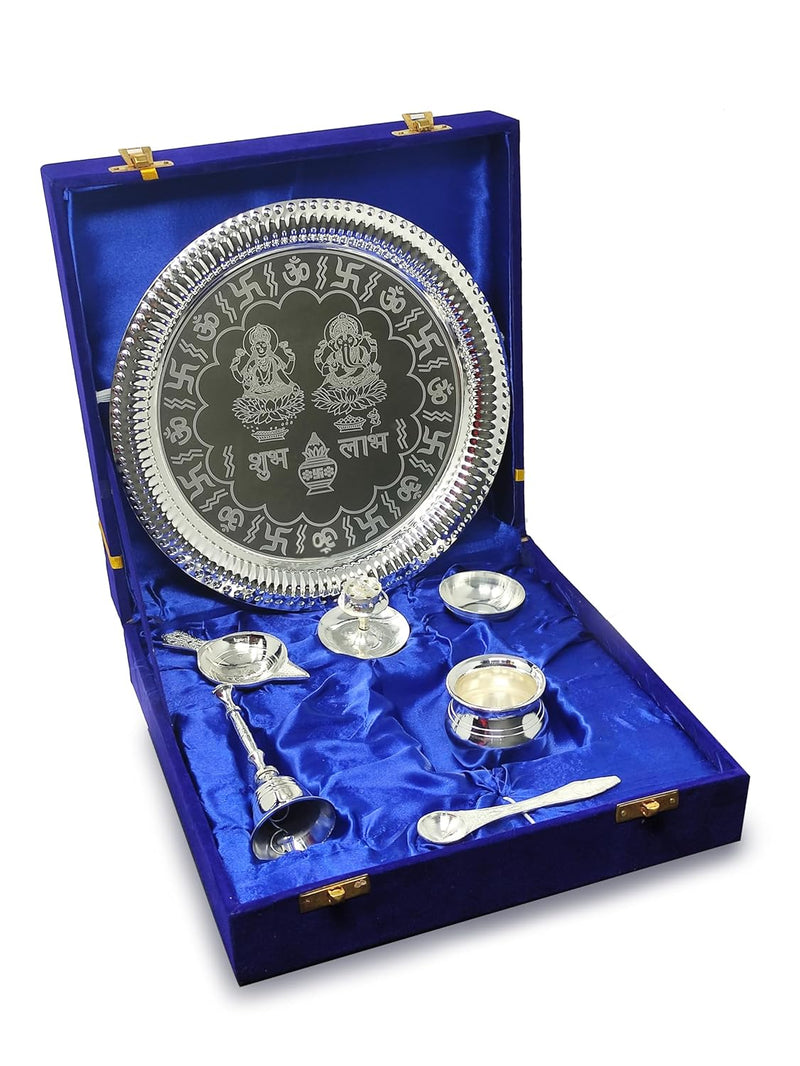 BENGALEN Pooja Thali Set Silver Plated with Gift Box 22 cm Designed Puja Plate Kalash Bowl Ghanti Spoon Dhup Dan Diya for Home Office Diwali Wedding Return Gift Items