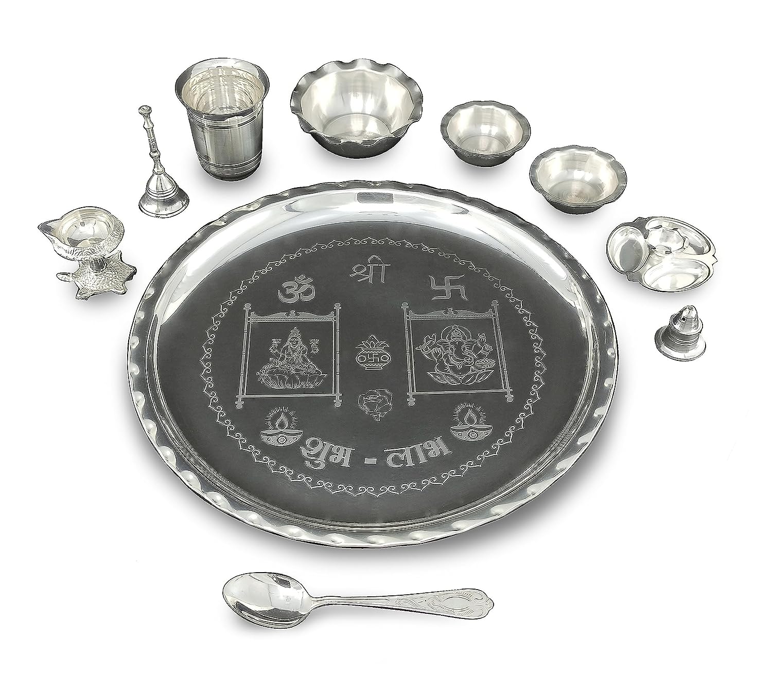 BENGALEN 12 Inch Silver Plated Pooja Thali Set with Accessories Daily Puja Decorative Gifts for Home Office Mandir Diwali Wedding Return Gift Items