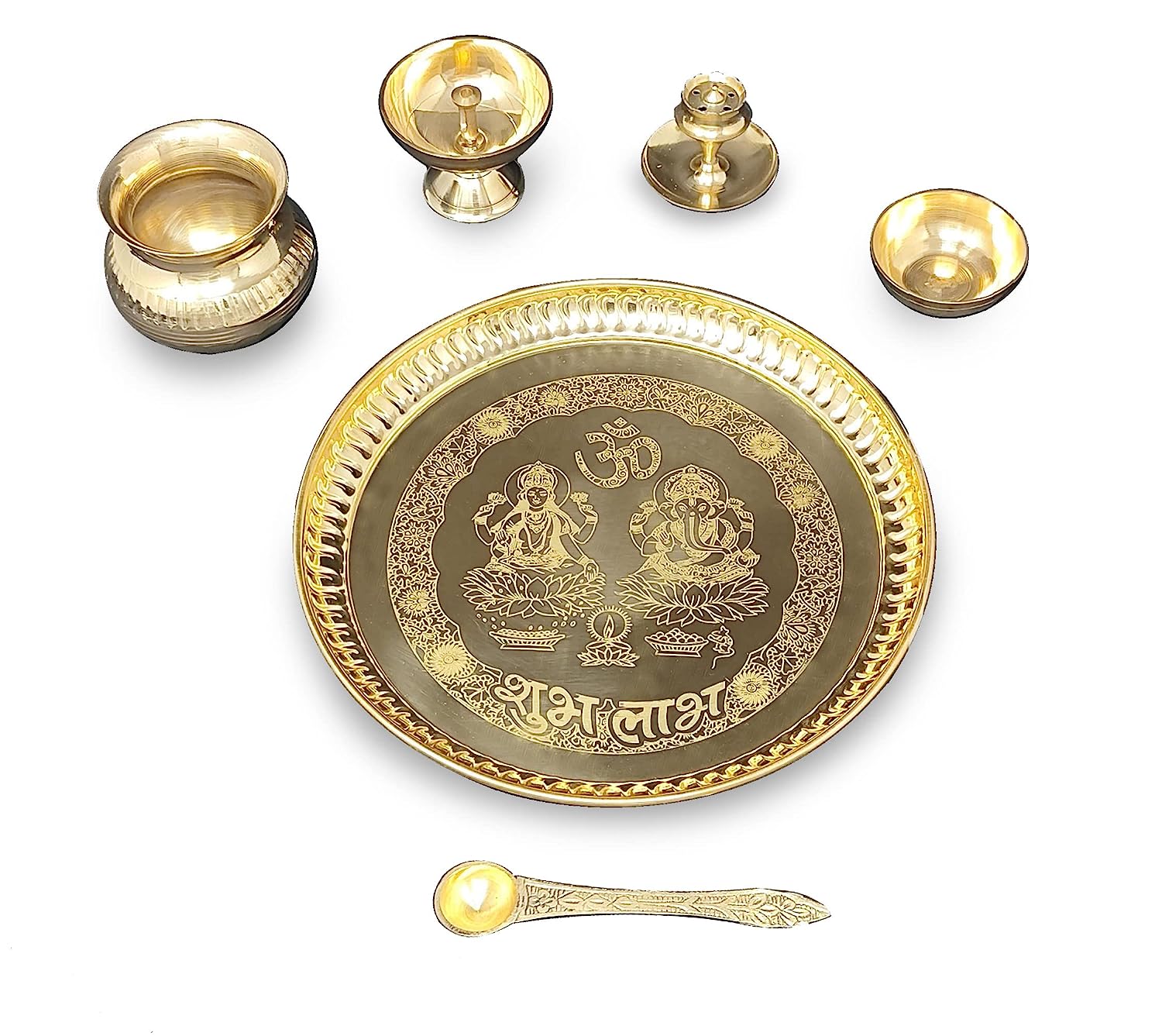 BENGALEN Brass Pooja Thali Set 8 Inch with Pital Plate Kalash Piyali Diya Dhup Dan Spoon Bowl Puja Thali for Diwali Home Office Mandir Wedding Return Gift Items