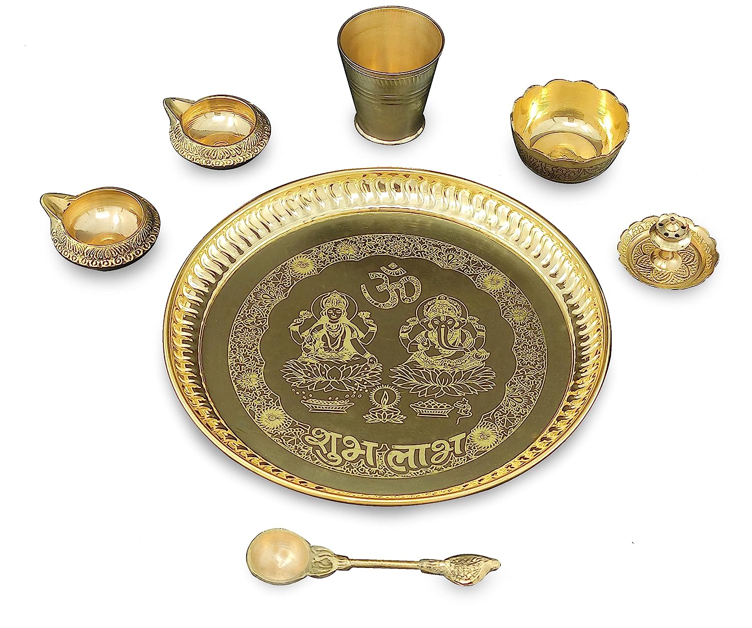 BENGALEN Brass Pooja Thali Set 8 Inch with Pital Plate Glass Nag Archmini Spoon Kuber Diya Dhup Dan Puja Thali for Diwali Home Mandir Office Wedding Return Gift Items