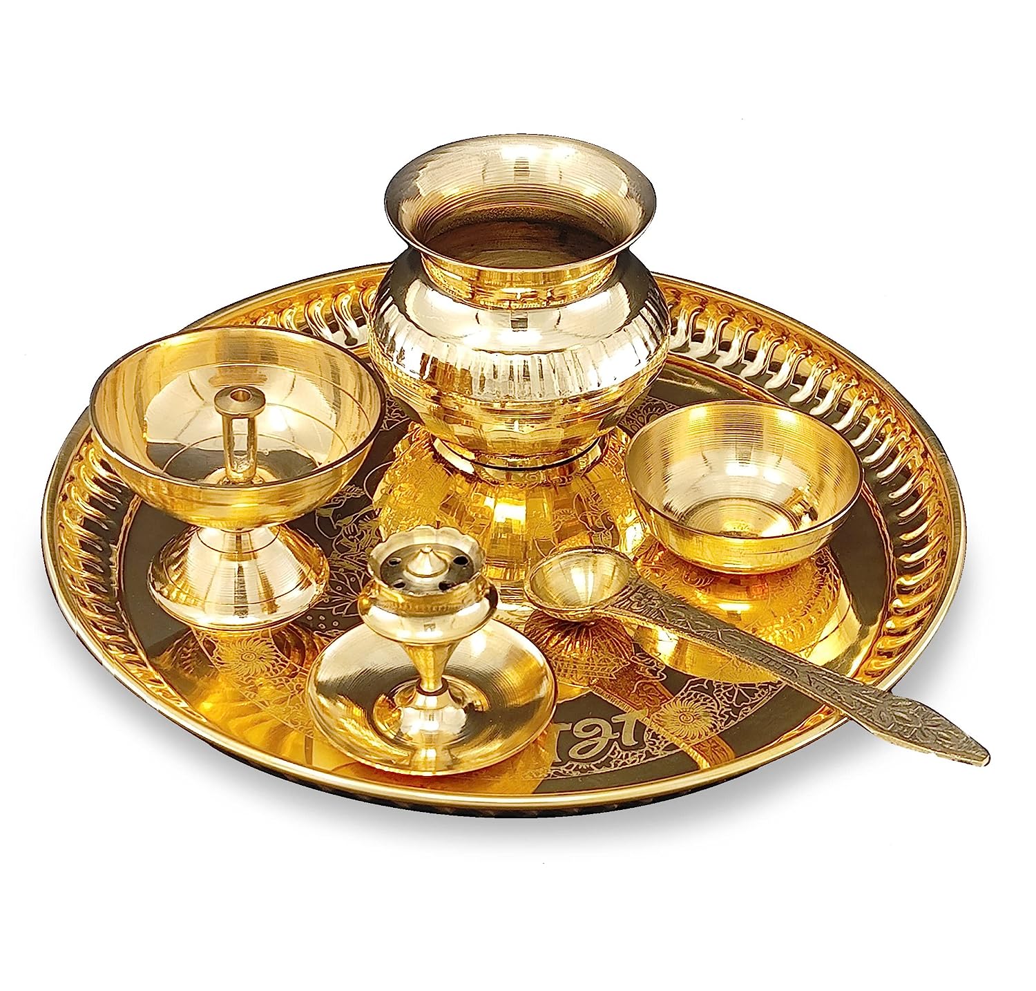 BENGALEN Brass Pooja Thali Set 8 Inch with Pital Plate Kalash Piyali Diya Dhup Dan Spoon Bowl Puja Thali for Diwali Home Office Mandir Wedding Return Gift Items