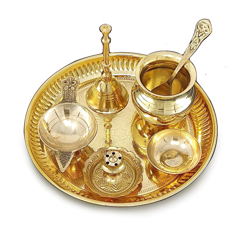 BENGALEN Brass Pooja Thali Set 6 Inch Puja Thali with Pital Plate Kalash Spoon Chandan Wati Dhup Dan Diya Ghanti Arti Thali for Diwali Home Office Mandir Wedding Return Gift Items