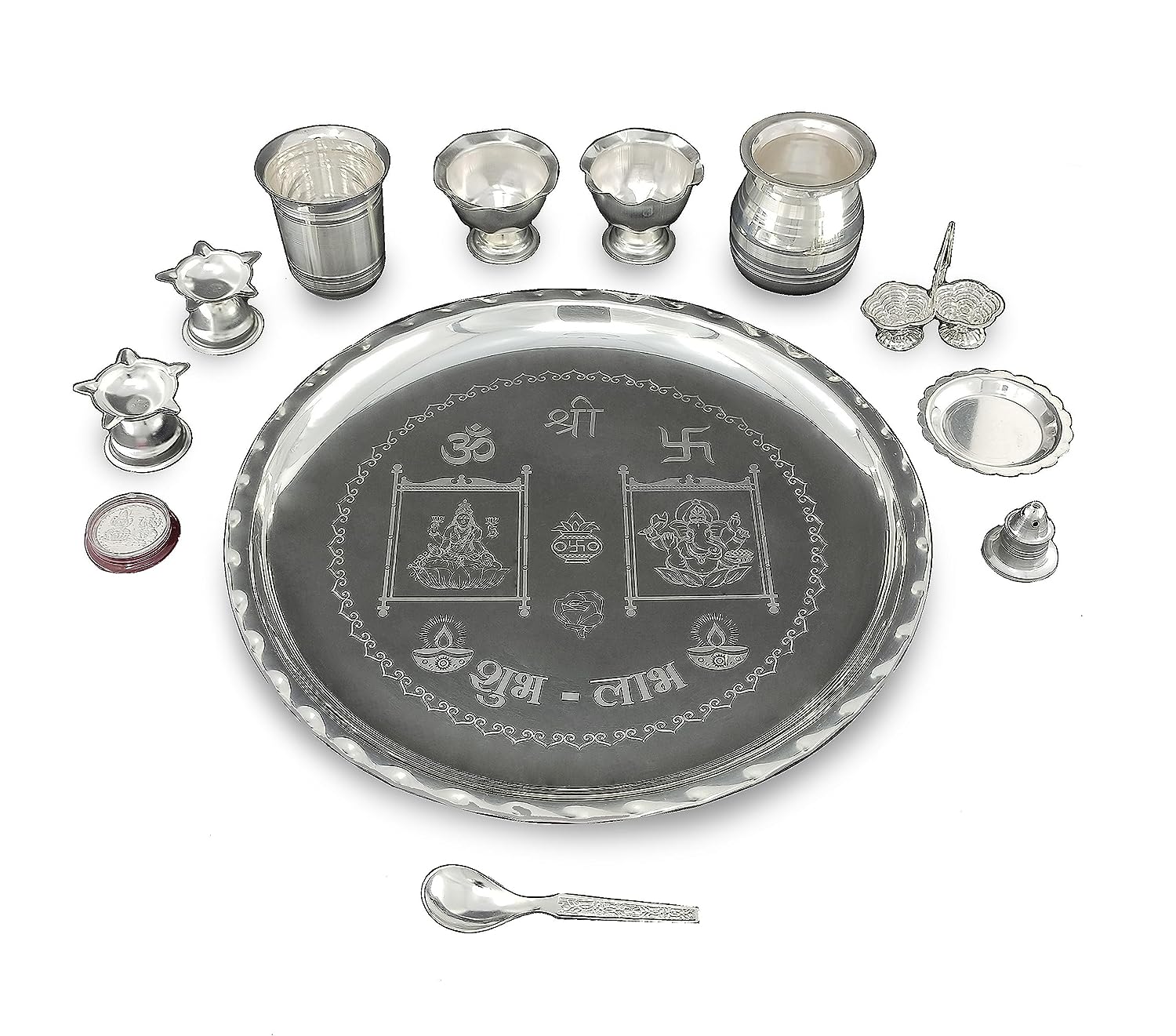 BENGALEN 12 Inch Silver Plated Pooja Thali Set with Accessories Daily Puja Decorative Gifts for Home Office Mandir Diwali Wedding Return Gift Items