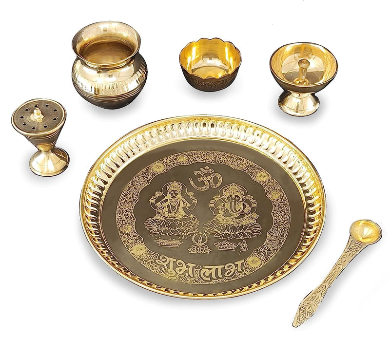 BENGALEN Brass Pooja Thali Set 8 Inch with Pital Plate Kalash Bowl Spoon Damru Agardan Puja Thali for Diwali Home Office Mandir Wedding Return Gift Items