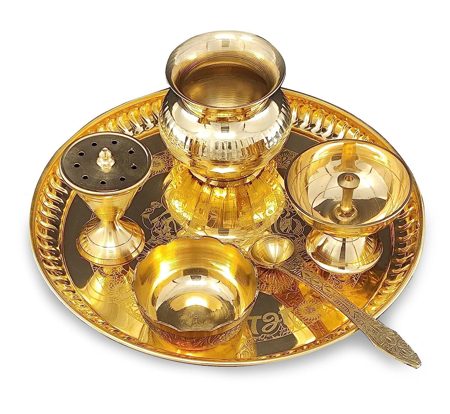 BENGALEN Brass Pooja Thali Set 8 Inch with Pital Plate Kalash Bowl Spoon Damru Agardan Puja Thali for Diwali Home Office Mandir Wedding Return Gift Items