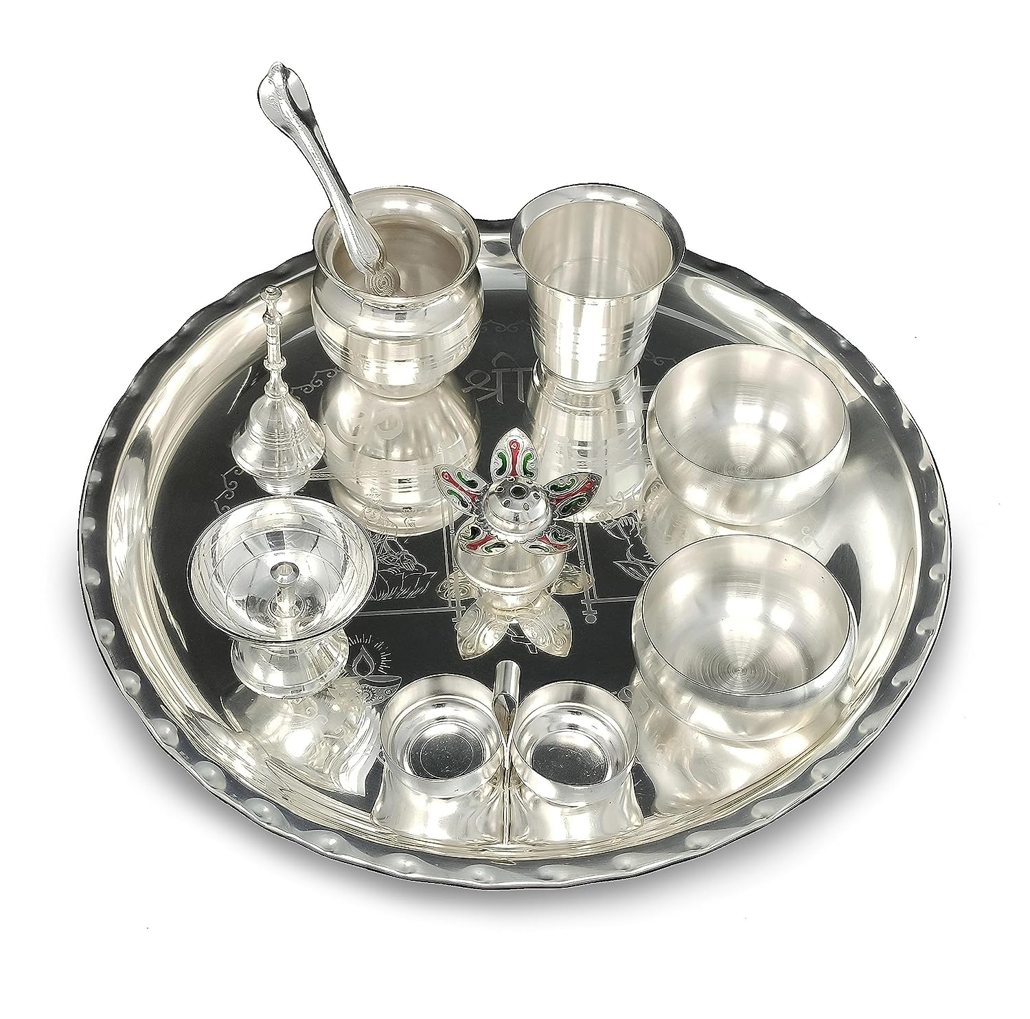 BENGALEN 12 Inch Silver Plated Pooja Thali Set with Accessories Daily Puja Decorative Gifts for Home Office Mandir Diwali Wedding Return Gift Items