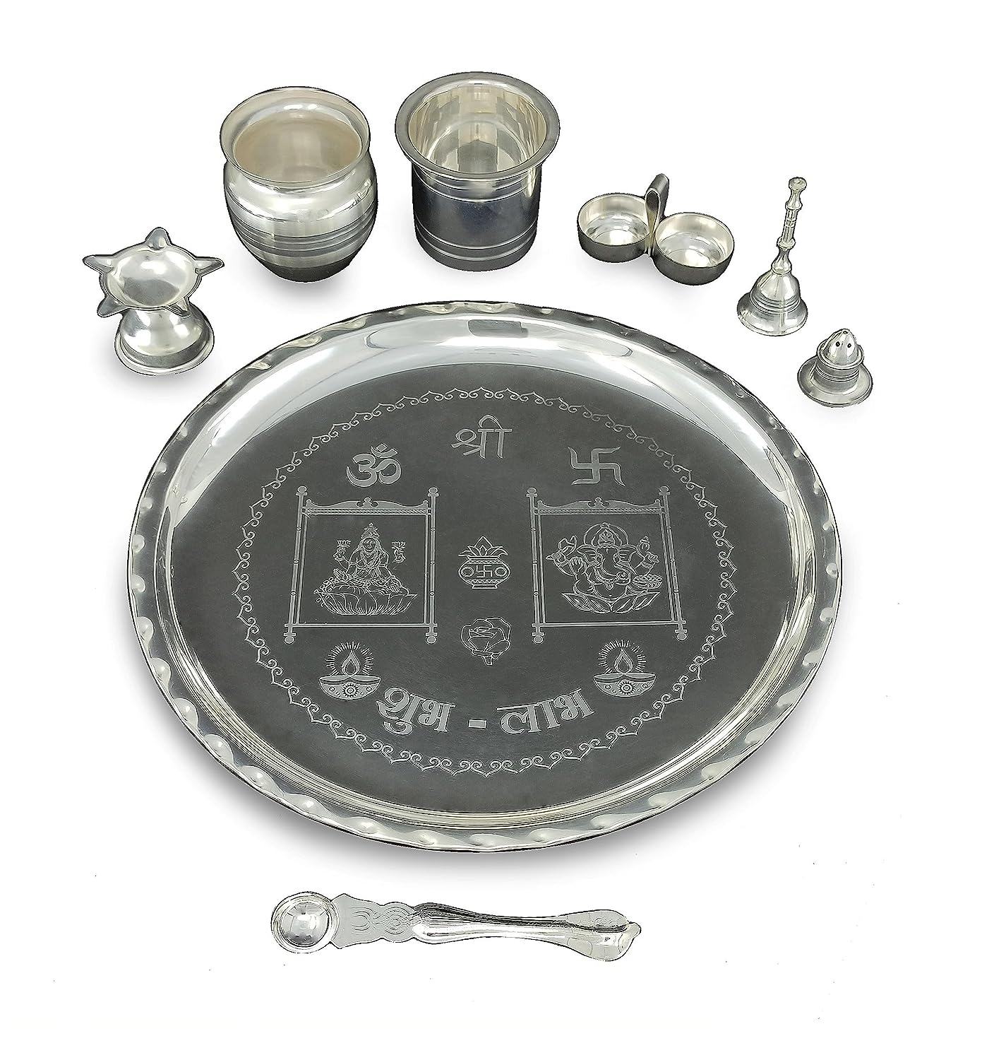 BENGALEN 12 Inch Silver Plated Pooja Thali Set with Accessories Daily Puja Decorative Gifts for Home Office Mandir Diwali Wedding Return Gift Items