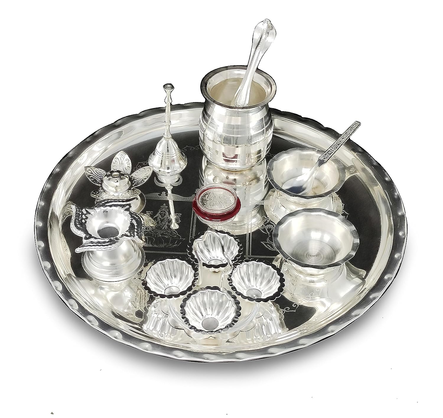 BENGALEN 12 Inch Silver Plated Pooja Thali Set with Accessories Daily Puja Decorative Gifts for Home Office Mandir Diwali Wedding Return Gift Items