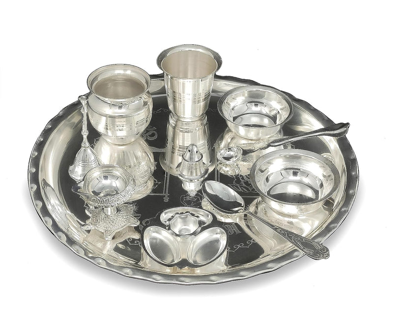 BENGALEN 12 Inch Silver Plated Pooja Thali Set with Accessories Daily Puja Decorative Gifts for Home Office Mandir Diwali Wedding Return Gift Items