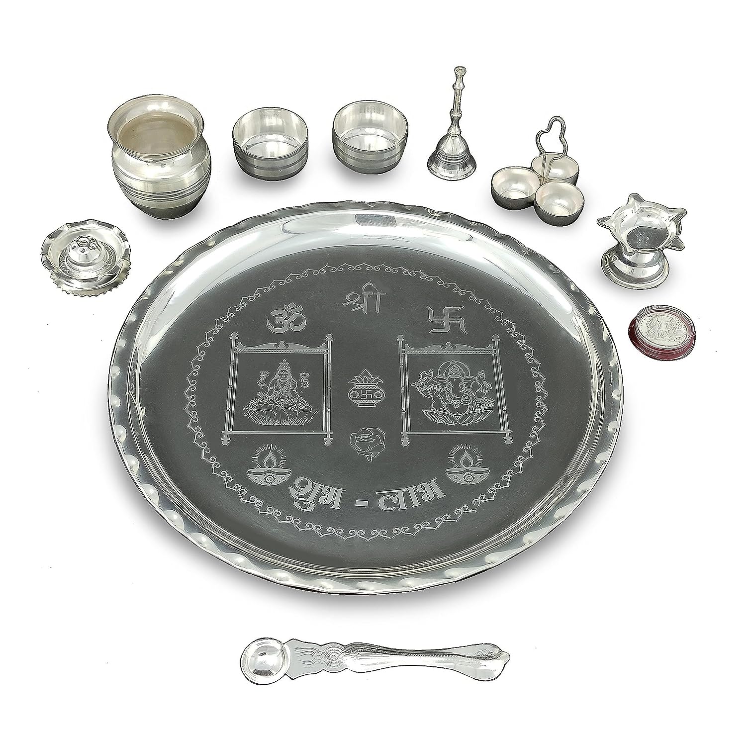 BENGALEN 12 Inch Silver Plated Pooja Thali Set with Accessories Daily Puja Decorative Gifts for Home Office Mandir Diwali Wedding Return Gift Items