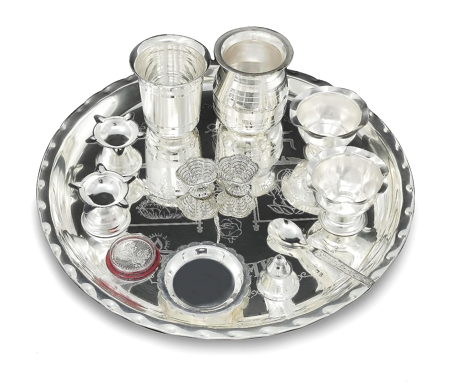 BENGALEN 12 Inch Silver Plated Pooja Thali Set with Accessories Daily Puja Decorative Gifts for Home Office Mandir Diwali Wedding Return Gift Items