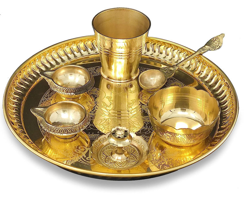 BENGALEN Brass Pooja Thali Set 8 Inch with Pital Plate Glass Nag Archmini Spoon Kuber Diya Dhup Dan Puja Thali for Diwali Home Mandir Office Wedding Return Gift Items