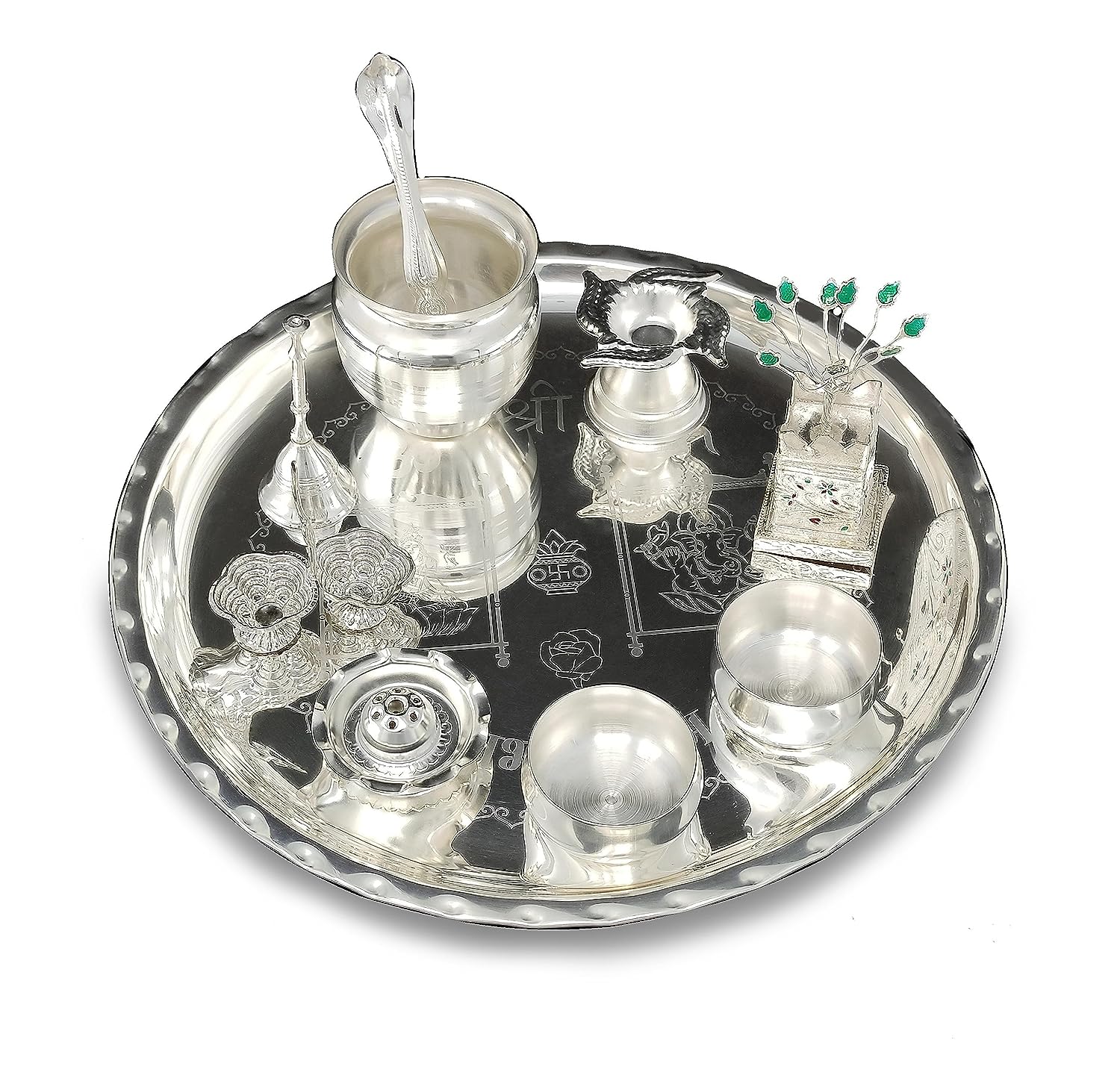 BENGALEN 12 Inch Silver Plated Pooja Thali Set with Accessories Daily Puja Decorative Gifts for Home Office Mandir Diwali Wedding Return Gift Items