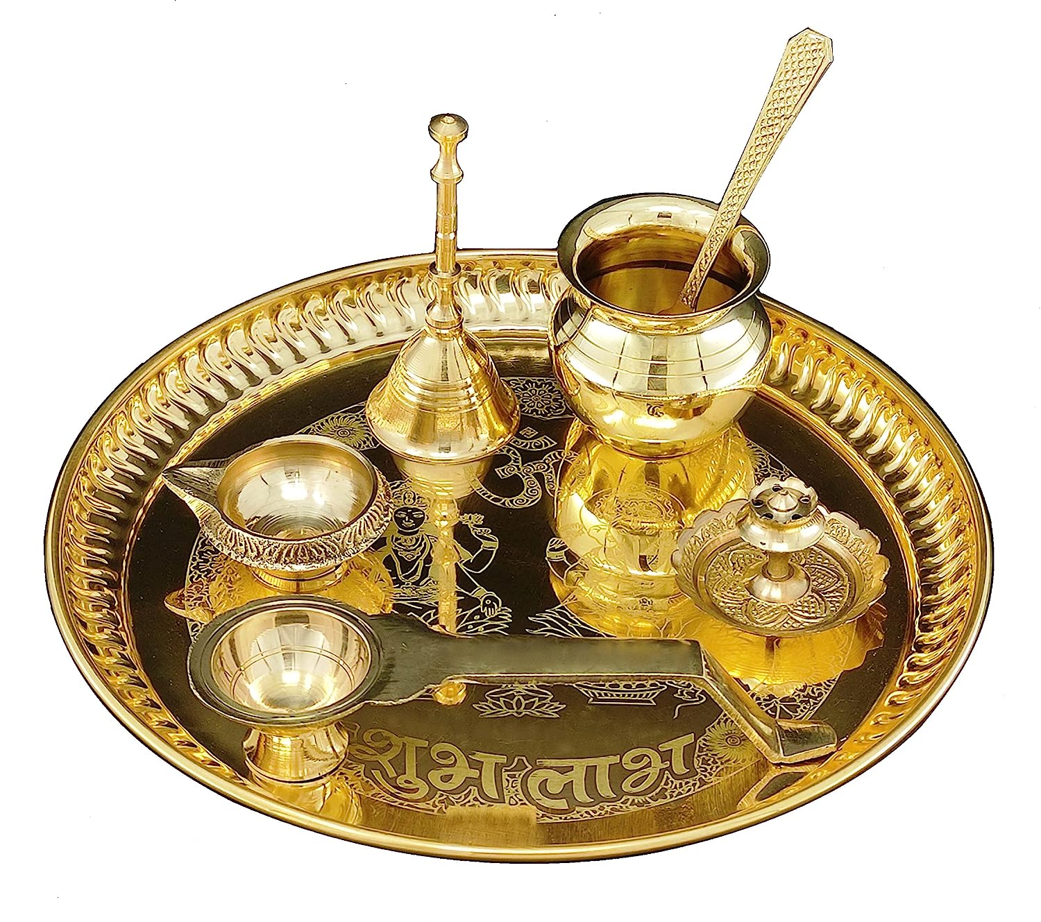 BENGALEN Brass Pooja Thali Set 8 Inch with Pital Plate Kalash Spoon Ghanti Kuber Diya Dhup Dan Golchi Arti Puja Thali for Diwali Home Mandir Office Wedding Return Gift Items