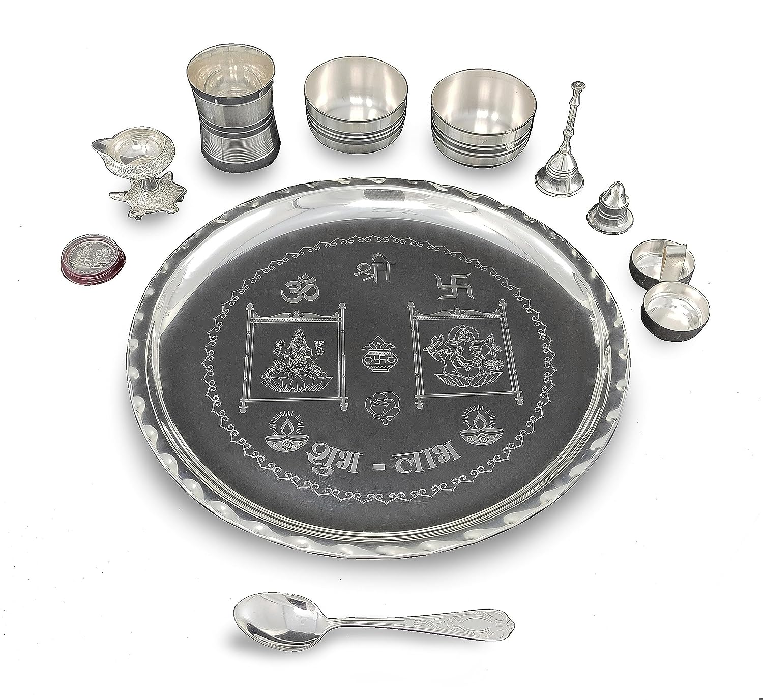 BENGALEN 12 Inch Silver Plated Pooja Thali Set with Accessories Daily Puja Decorative Gifts for Home Office Mandir Diwali Wedding Return Gift Items