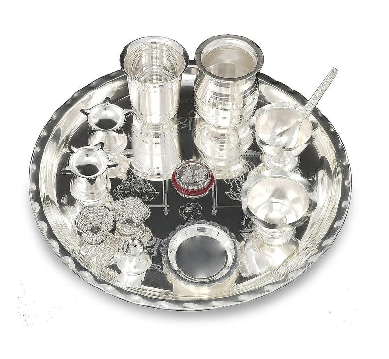 BENGALEN 12 Inch Silver Plated Pooja Thali Set with Accessories Daily Puja Decorative Gifts for Home Office Mandir Diwali Wedding Return Gift Items