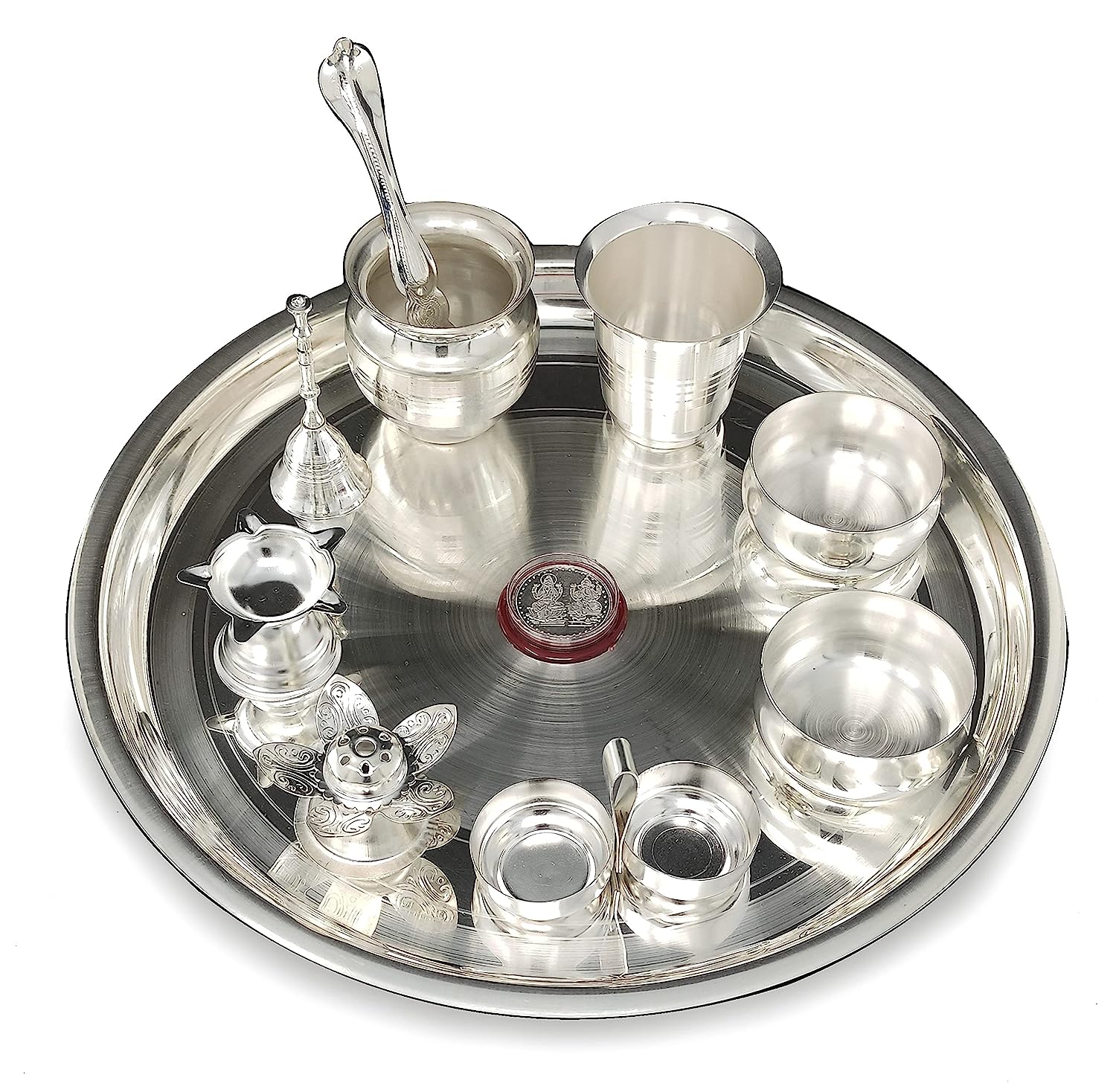 BENGALEN 12 Inch Silver Plated Pooja Thali Set with Accessories Daily Puja Decorative Gifts for Home Office Mandir Diwali Wedding Return Gift Items