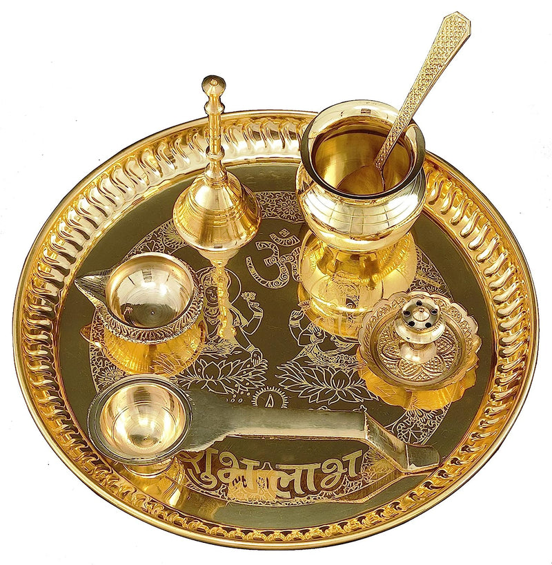 BENGALEN Brass Pooja Thali Set 8 Inch with Pital Plate Kalash Spoon Ghanti Kuber Diya Dhup Dan Golchi Arti Puja Thali for Diwali Home Mandir Office Wedding Return Gift Items