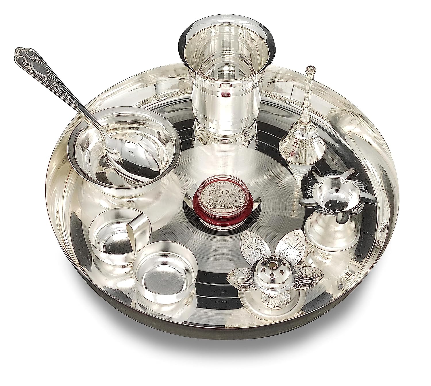 BENGALEN Silver Plated Pooja thali Set 9 Inch with Plate Bowl Agarbatti Stand Diya Kumkum Holder Coin Puja Thali for Home Mandir Office Wedding Return Diwali Gift Items