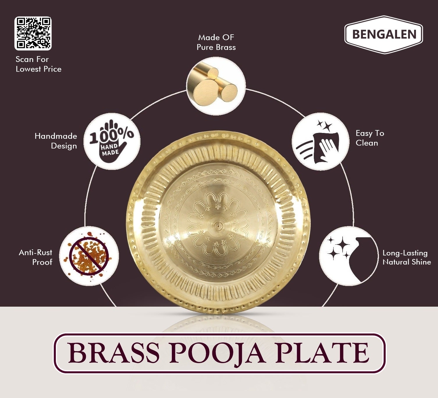 Bengalen Brass Pooja Plate 12 Inch Pure Pital Arti Thali Pooja Thali Set Traditional Handcrafted for Puja Ghar Home Office Mandir Diwali Weeding Return Gift Items