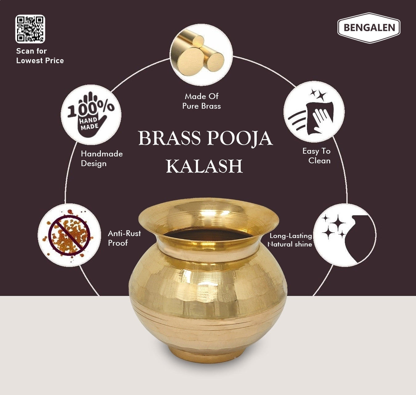 BENGALEN Brass Kalash Lota Gadwa Diamond Design Pooja Articles for Home Temple Decorative Puja Items for Poojan Purpose Return Gift