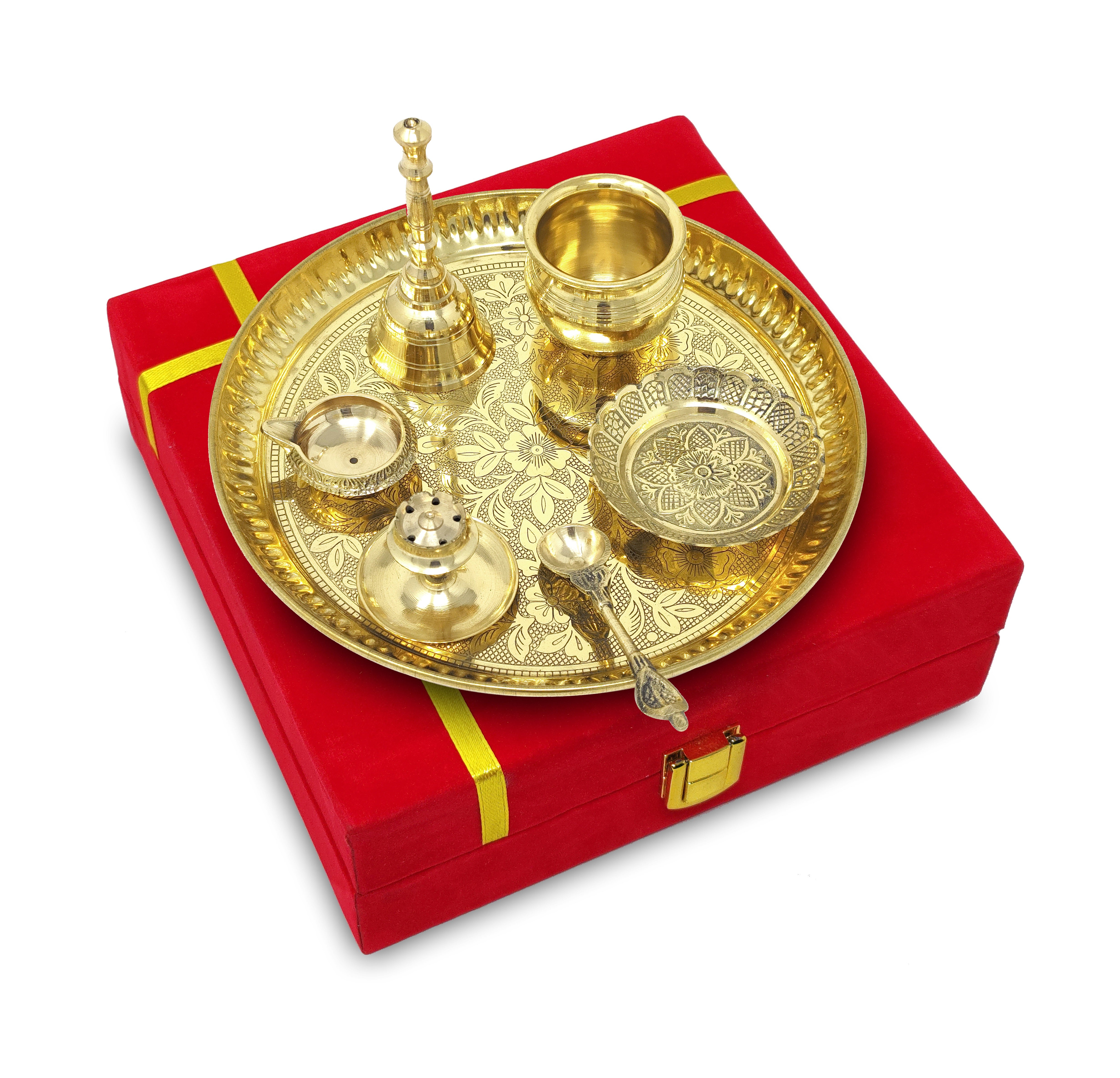 BENGALEN Brass Pooja Thali Set with Red Gift Box 8 Inch