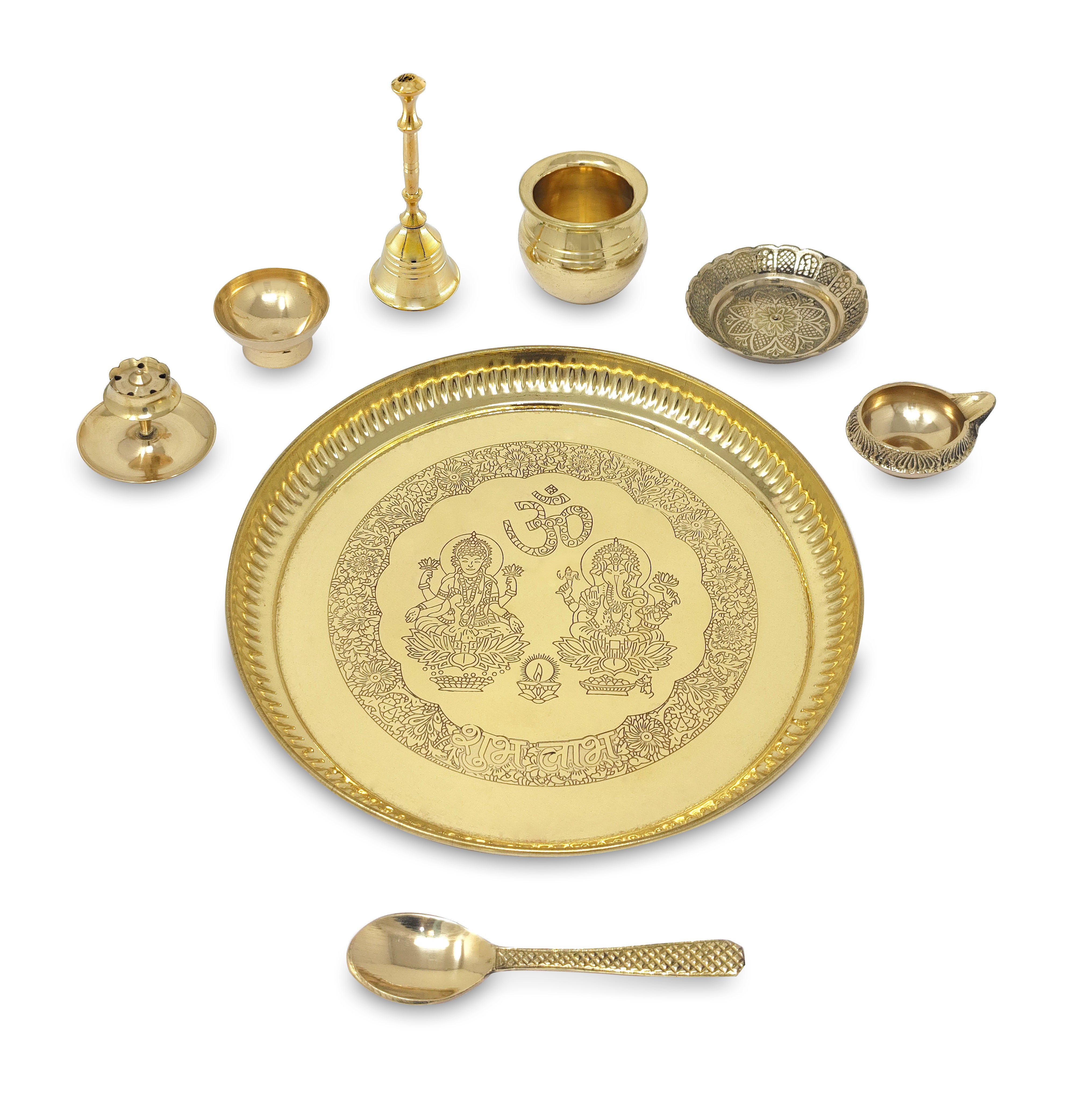 BENGALEN Brass Puja Thali Set with Grey Gift Box 8 Inch