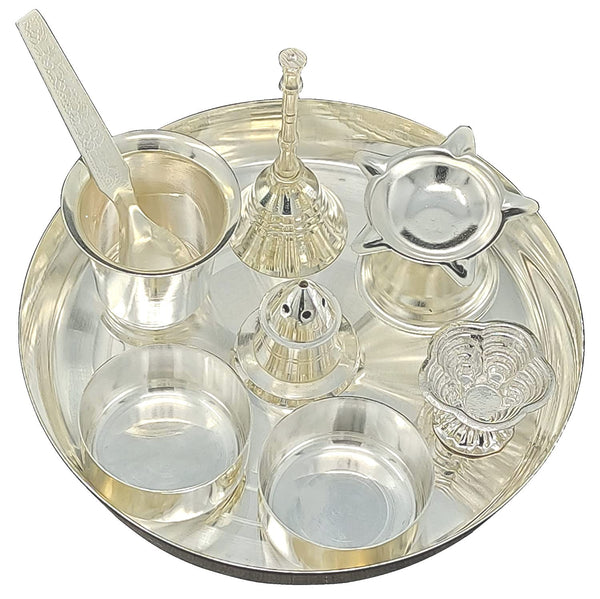 Bengalen Silver Plated Pooja Thali Set 6 Inch Standard Puja Decorative Items for Home Mandir Office Wedding Return Gift