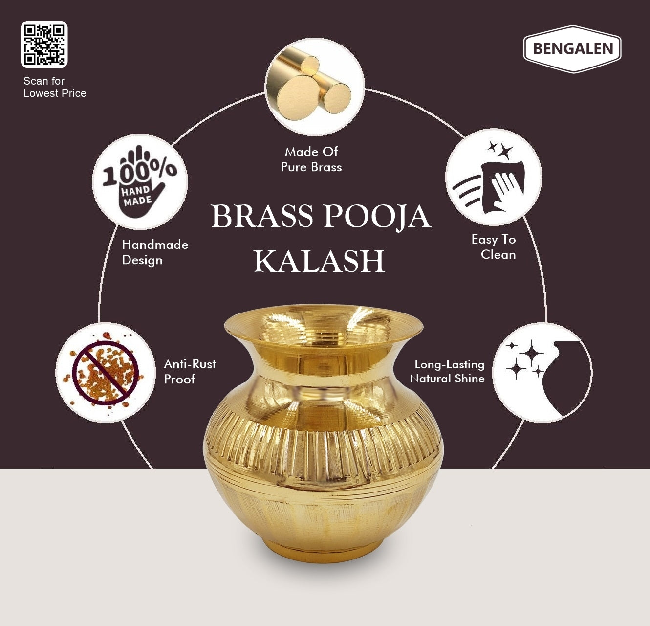 BENGALEN Brass Kalash Lota Gadwa Diamond Design Pooja Articles for Home Temple Decorative Puja Items for Poojan Purpose Return Gift