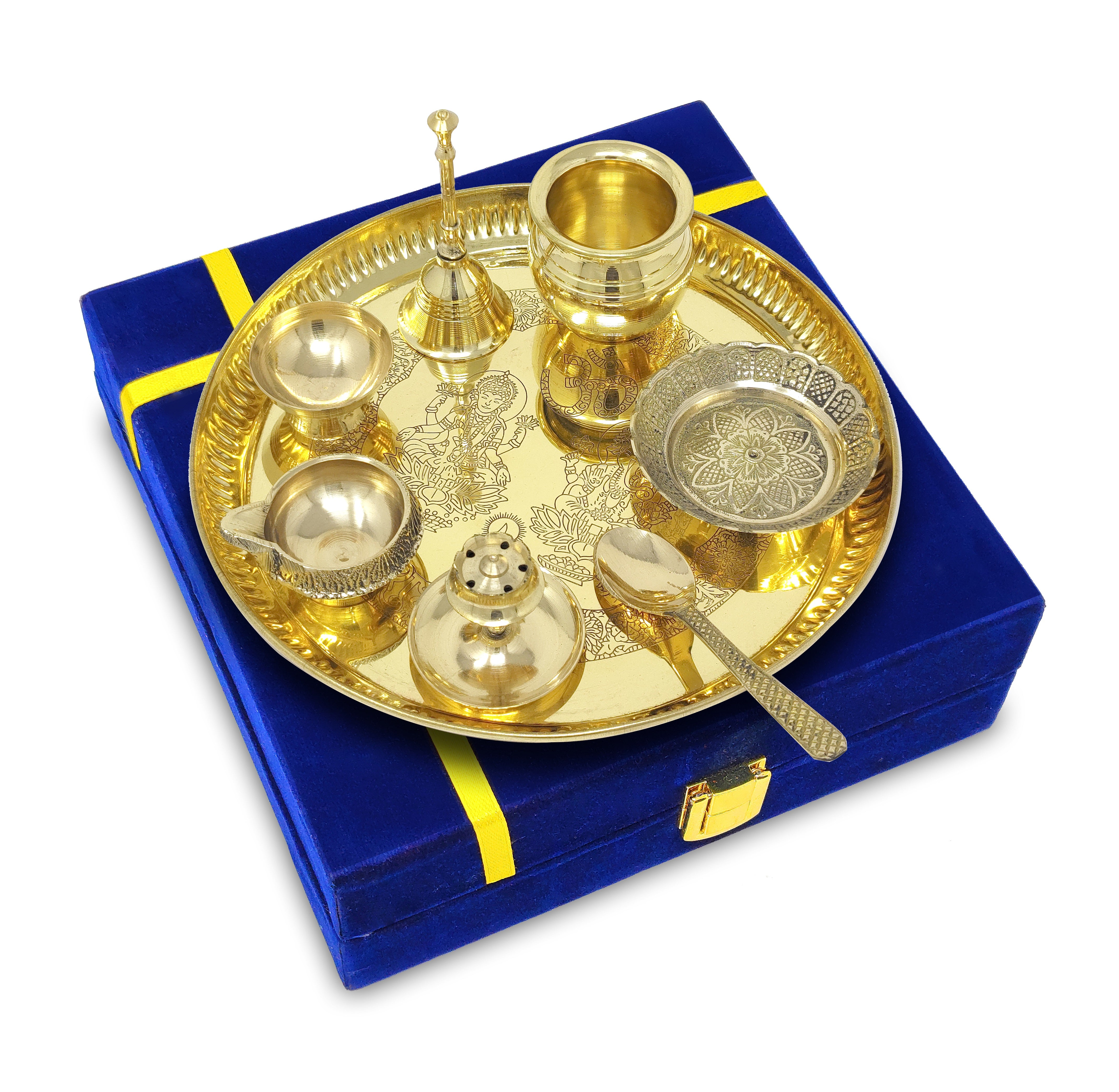 BENGALEN Brass Puja Thali Set with Blue Gift Box 8 Inch