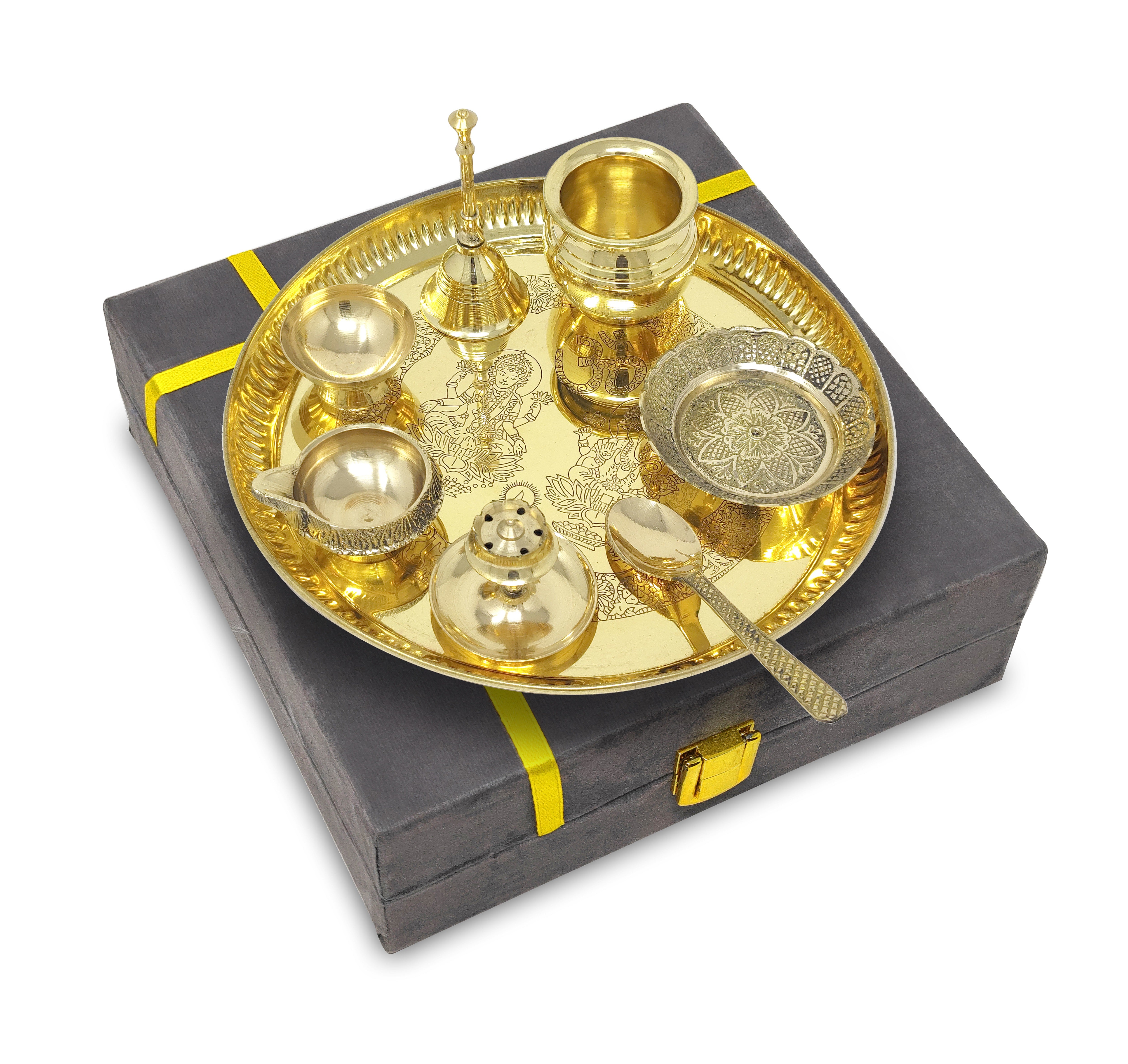 BENGALEN Brass Puja Thali Set with Grey Gift Box 8 Inch