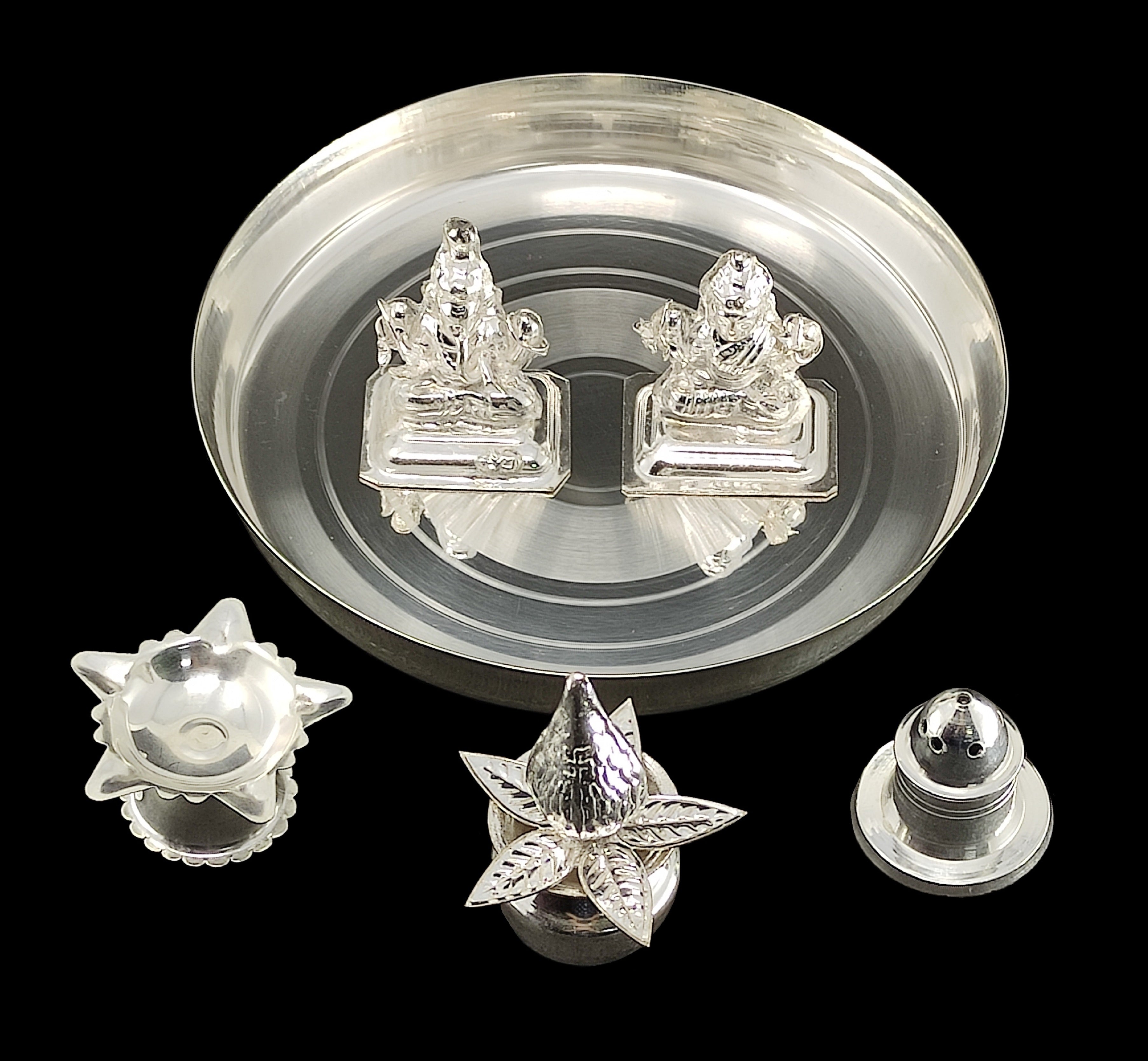 Bengalen Silver Plated Pooja Thali Set 6 Inch with Idols and Accessories Puja Decorative Items for Home Mandir Office Wedding Return Gift