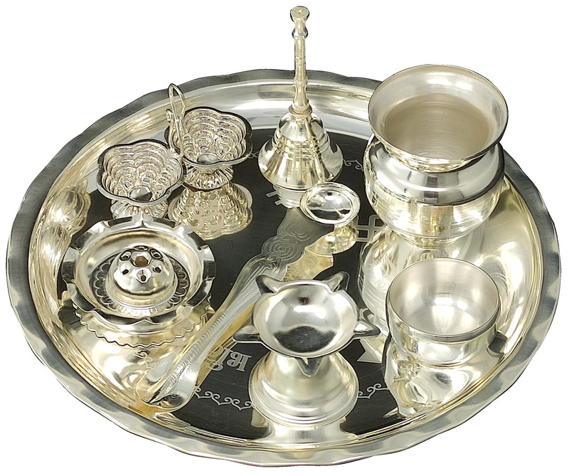BENGALEN Silver Plated Pooja thali Set 8 Inch with Plate Ghanti Bowl Palli Dhup Dan Diya Kumkum Stand Puja Thali for Diwali Home Mandir Office Wedding Return Gift Items