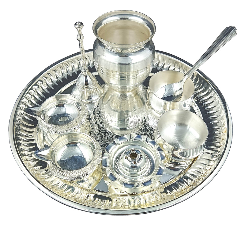 Bengalen Premium Ganesh Lakshmi Design Silver Plated Pooja Thali Set 08 Inch with for for Festival Ethnic Puja Thali