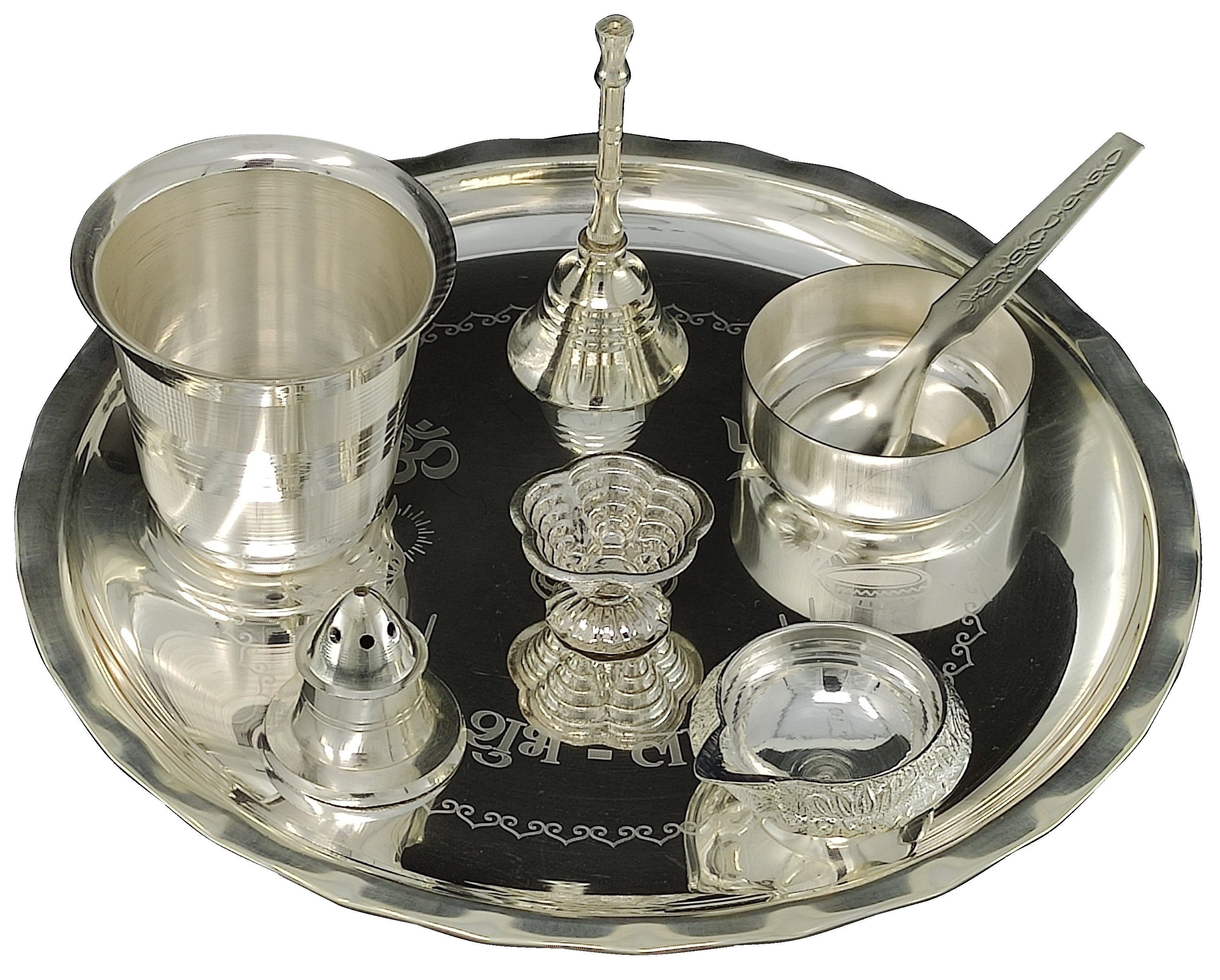 BENGALEN Silver Plated Pooja thali Set 8 Inch with Plate Ghanti Bowl Spoon Dhup Dan Kuber Diya Kumkum Stand Puja Thali for Diwali Home Mandir Office Wedding Return Gift Items